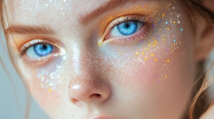 A dazzling close-up portrait of a young woman with sparkling eye makeup in soft natural lighting