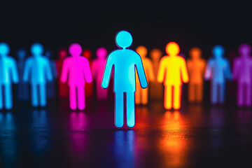Abstract image of colorful, glowing human figures standing in formation, symbolizing diversity, individuality, and team unity. Suitable for themes of leadership, inclusivity, and community in a modern