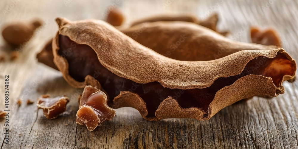 Poster discovering the unique features of a cracked open tamarind pod close-up photography natural setting 