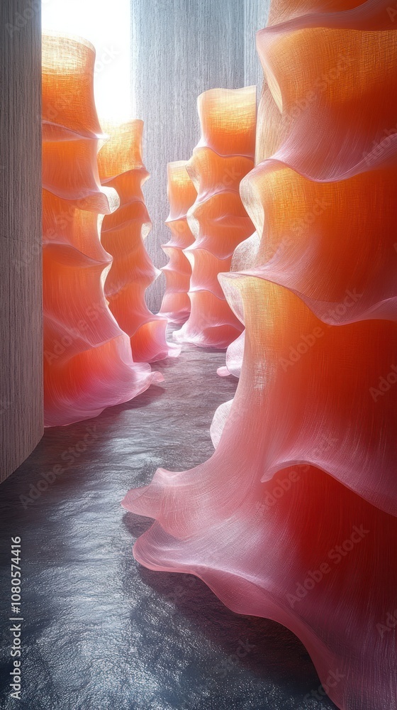 Aufkleber abstract interior with flowing, translucent structures creating pathways.