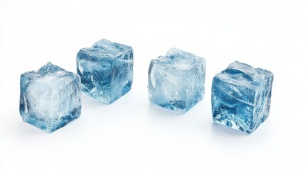 Four Chilled Ice Cubes in Clear Blue Tone on a Bright White Background, Perfect for Refreshing Beverage and Summer Imagery, Ideal for Cool and Crisp Visuals