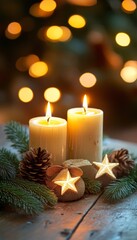 Warm glow of burning candles with festive christmas decor on rustic wooden table