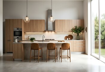 luxury modern kitchen with natural light. High ceiling and beautiful hanging lights.
