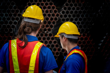 Two construction workers, wearing yellow helmets and reflective vests, collaborate in an industrial setting. They review information on a tablet, emphasizing teamwork, technology, and workplace safety