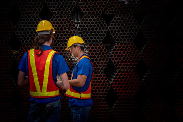 Two construction workers, wearing yellow helmets and reflective vests, collaborate in an industrial setting. They review information on a tablet, emphasizing teamwork, technology, and workplace safety