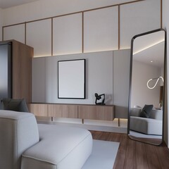 small living room interior with mockup poster. modern contemporary style. 3d illustration