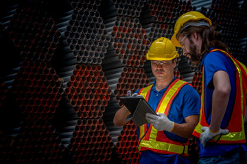 Two construction workers, wearing yellow helmets and reflective vests, collaborate in an industrial setting. They review information on a tablet, emphasizing teamwork, technology, and workplace safety