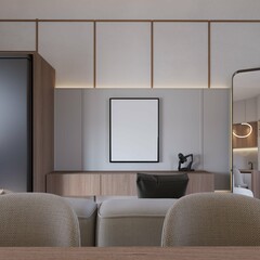 small living room interior with mockup poster. modern contemporary style. 3d illustration