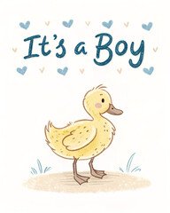 Script Font "It's a Boy" Greeting Card with Tiny Duck Illustration