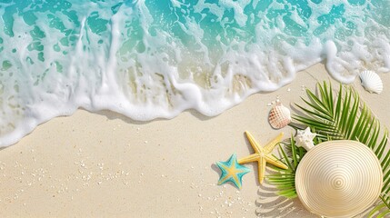 Obraz premium Summer Beach and White Beach Wave Water Background - a serene and refreshing top view visual. The summer beach and wave create a calming and picturesque scene.