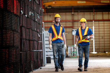 Two construction workers, wearing yellow helmets and reflective vests, collaborate in an industrial setting. They review information on a tablet, emphasizing teamwork, technology, and workplace safety