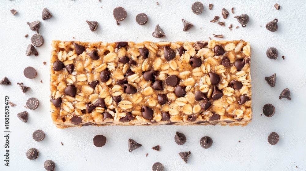Poster a top view of a single chocolate chip granola bar surrounded by chocolate chips on a white backgroun