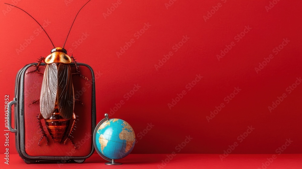 Poster epic adventure of a cockroach with a globe on a red suitcase surreal imagery macro photography vibra