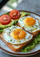 A plate of two eggs with a side of toast and lettuce. The eggs are sprinkled with pepper and the toast is toasted. The plate is set on a table
