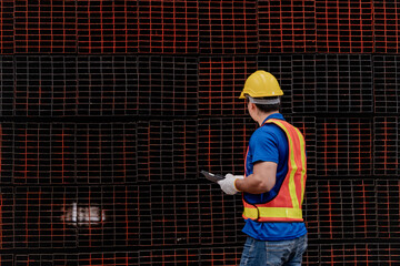 A construction worker in a yellow helmet and reflective vest stands on stacked materials, focused on a tablet. Industrial background with organized metal stacks. Emphasizes technology, and site work.