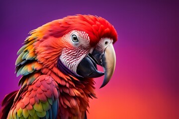 Obraz premium A red macaw parrot in front of a gradient background shifting from orange to deep purple, Ai Generated