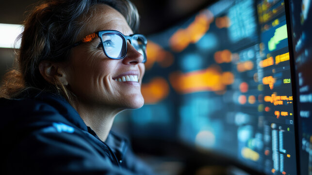 A woman with glasses smiles while analyzing data on large screen, showcasing her engagement and enthusiasm for technology and analytics