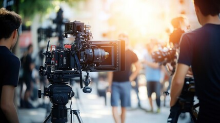 Film crew with professional camera filming on a city street.