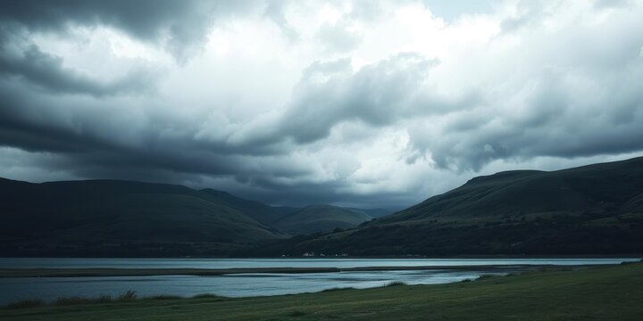 Dark grey storm clouds gather over rolling hills, drifting towards a serene grassy area by the river's edge, natural scenery, nature, landscape