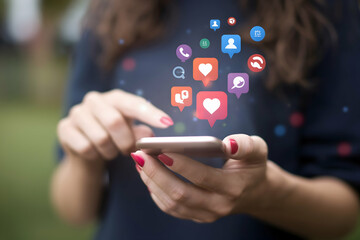 Smartphone emits vibrant icons, digital connection with blurred background