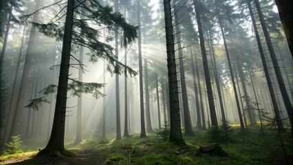 Obraz premium Dense fir forest with misty fog rolling in, filtering sunlight through leafy canopy, woodland, wild thyme, weathered wood, moss, misty