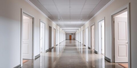 Long corridor with multiple open doors leading to different rooms, space, corridors