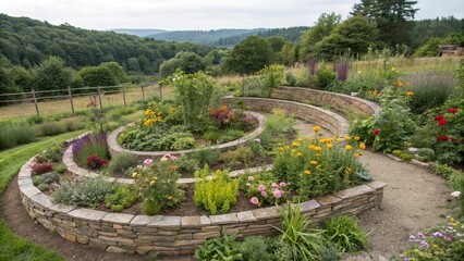 Obraz premium panoramic view of spiral raised bed with flowers and herbs, herb garden, landscaping ideas