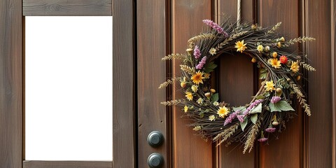 Rustic wooden door adorned with a wreath of dried flowers and foliage, natural textures, distressed wood, wreath