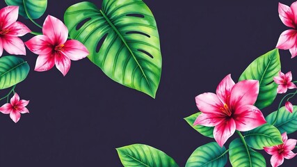 Obraz premium Vibrant Monstera Leaves and Pink Flowers in Watercolor, nature-inspired designs, colorful flowers, watercolor art