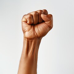 A close-up image of a raised fist, symbolizing strength, unity, and empowerment, set against a neutral background.