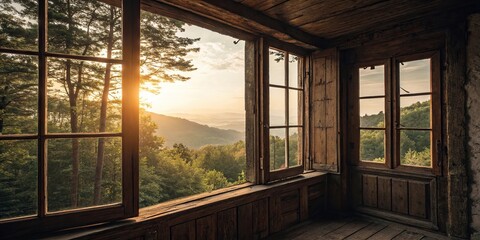Fototapeta premium Warm sunlight filtering through old wooden windows, soft focus, sun, daylight