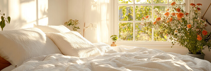 A cozy bedroom with soft white bedding, bathed in warm sunlight, features large window showcasing vibrant flowers and greenery outside, creating serene atmosphere