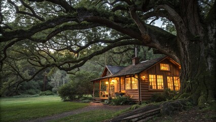 A cozy cabin nestled among the branches of a ancient tree, with a warm and inviting glow emanating from its windows, tree branch, treehouse, cozy cabin, natural shelter