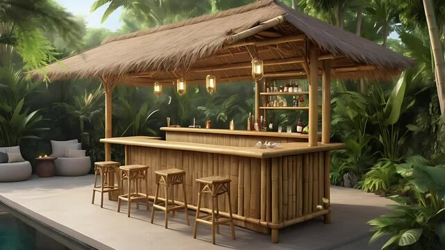 A simple bamboo cafe on the beach. Seamless 4K looping timelapse video animation background