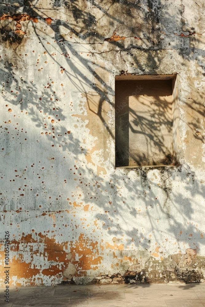 Poster a textured wall with a window, adorned by tree shadows, offering a rustic and artistic urban scene i