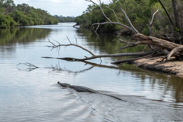 Crocodile silhouette forms on river surface as fallen tree splits the water, aquatic, river, reflection