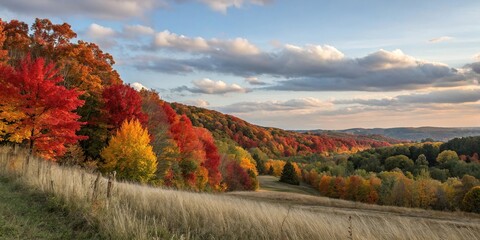 Obraz premium dramatic fall landscape with falling leaves, movement and blur, amber tones, wooded area