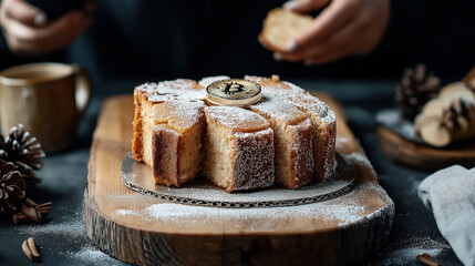 Cake with powdered sugar on a wooden board topped with a bitcoin coin, surrounded by pinecones and cinnamon sticks, hands holding a slice in background.