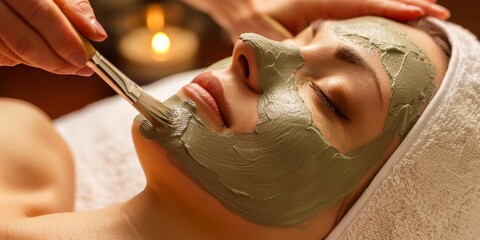 A woman is pampering herself with a green clay mask facial treatment at a spa, seeking rejuvenation, relaxation, and wellness to boost her wellbeing and enhance her overall experience