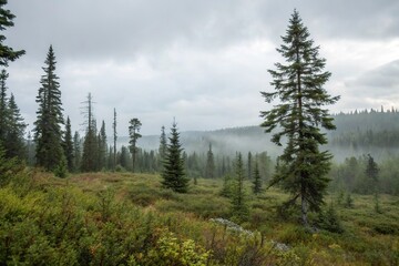 Overcast sky with coniferous trees and undergrowth in a misty northern forest, overcast sky, lichen, evergreen trees, forest floor, undergrowth