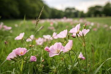 Soft pink pastel flowers blooming in a lush green meadow, lush green landscape, pastel bloom