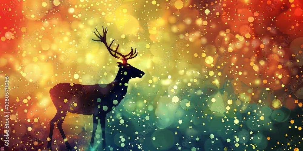 Poster silhouette of a deer with antlers set against a colorful bokeh background, creating a magical and fe