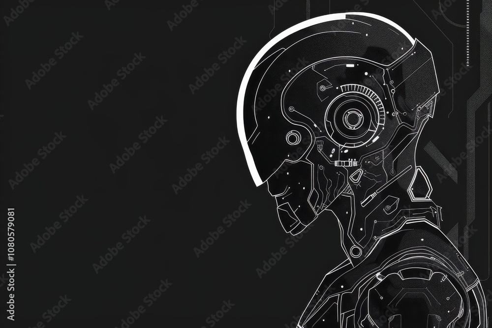 Poster detailed side view of a futuristic robot with complex circuitry against a dark backdrop, showcasing 