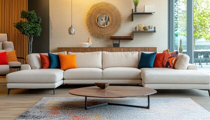 Cozy modern living room with low profile sofa urban apartment interior design bright and airy contemporary concept