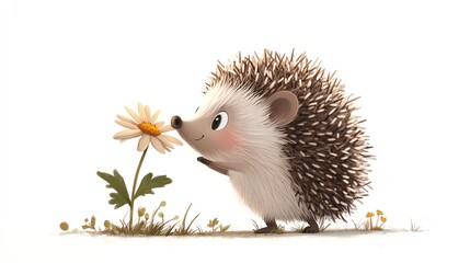 a 2D cartoon illustration of a hedgehog sniffing a flower, curious and cute, white background--ar 16:9