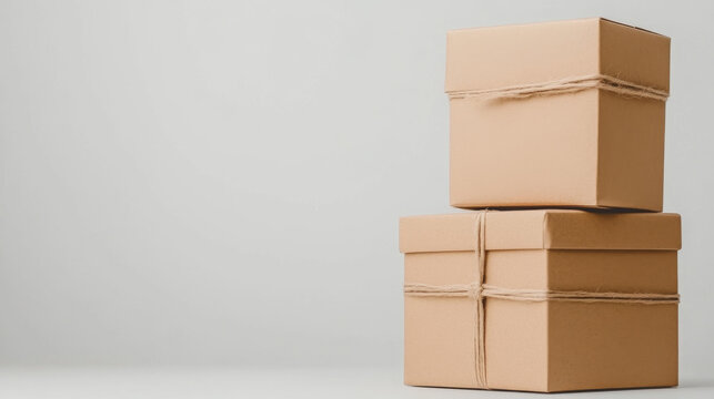 Minimalist stacked cardboard boxes create simple yet elegant display, perfect for storage or shipping needs. Their neutral tones and natural twine add touch of warmth