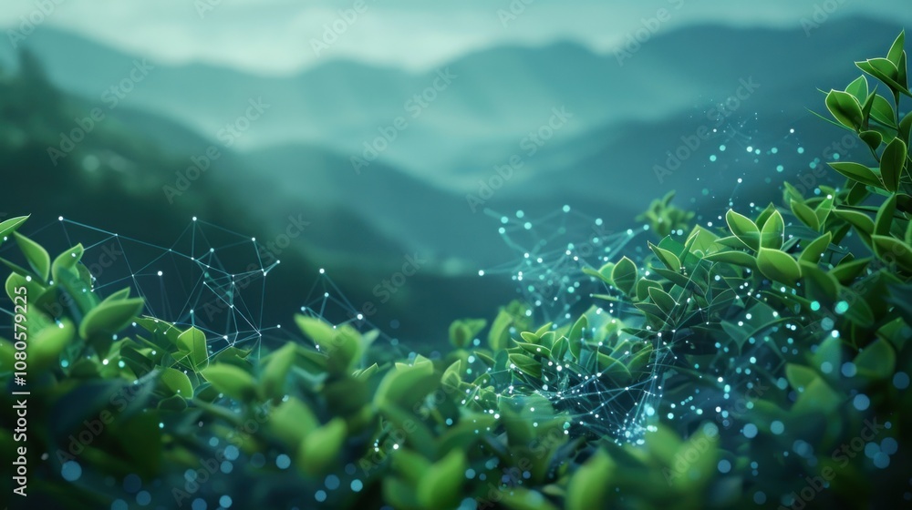 Poster abstract green leaves with a network of glowing dots and lines in front of a mountain range.