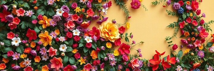 A colorful wall adorned with intricate artificial flowers and foliage, unique wall decor, whimsical decor