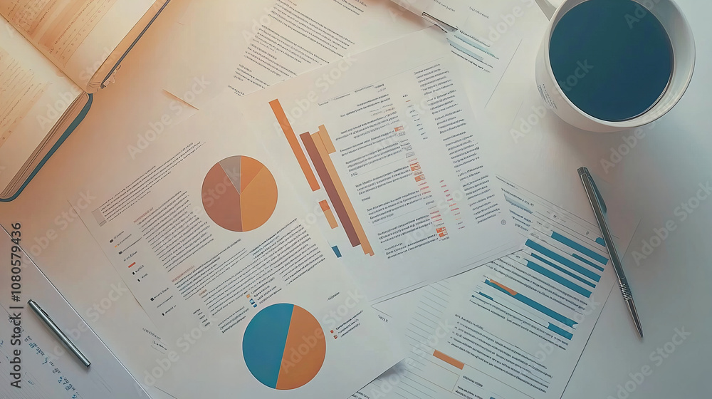 Poster a table with a cup of coffee and several pieces of paper with pie charts on it