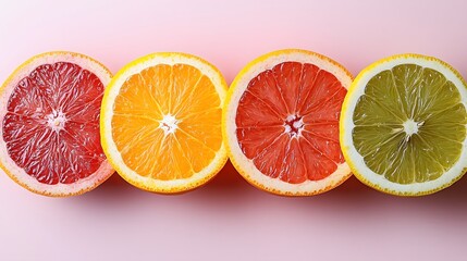 Artistic flat lay arrangement of fresh citrus slices including grapefruit, orange, lemon, and lime, styled minimally against pink background with vibrant colors.